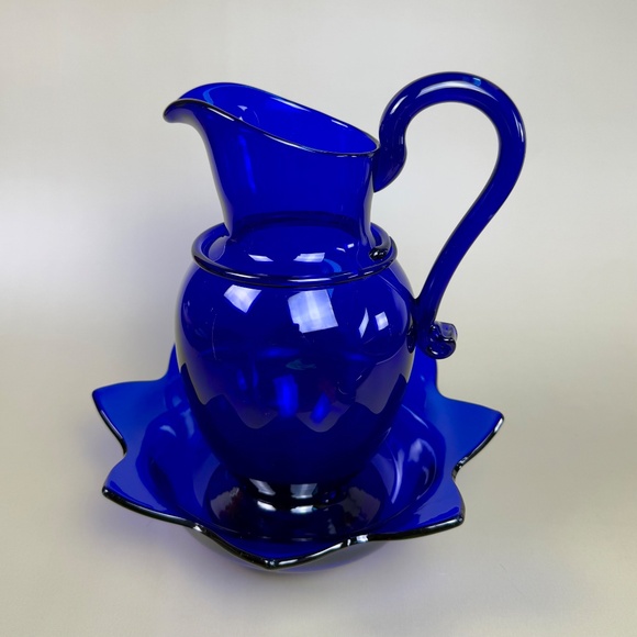 Vintage Cobalt Blue Glass Pitcher & Ruffled Bowl Set | Hand Blown Art Glass - Picture 15 of 16